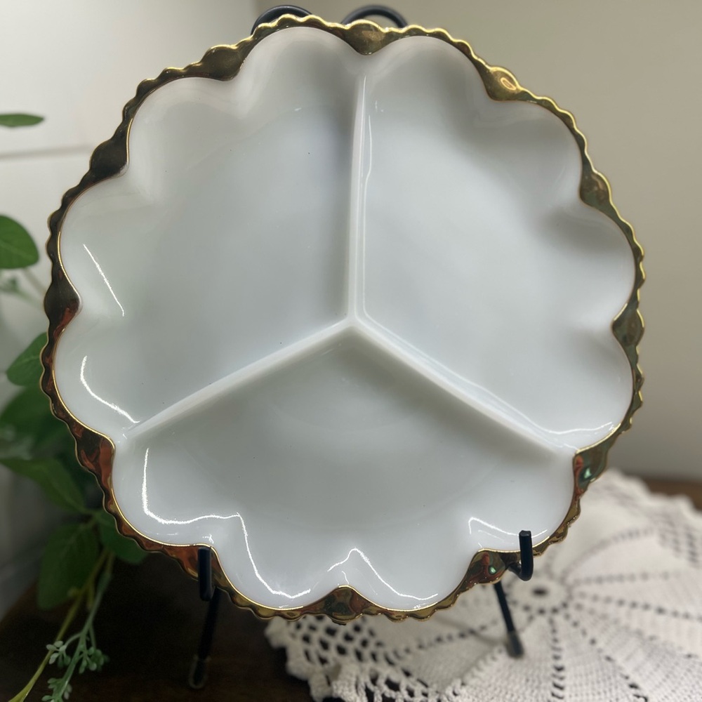 Vintage Scalloped Milk Glass Divided Tray with gold edging